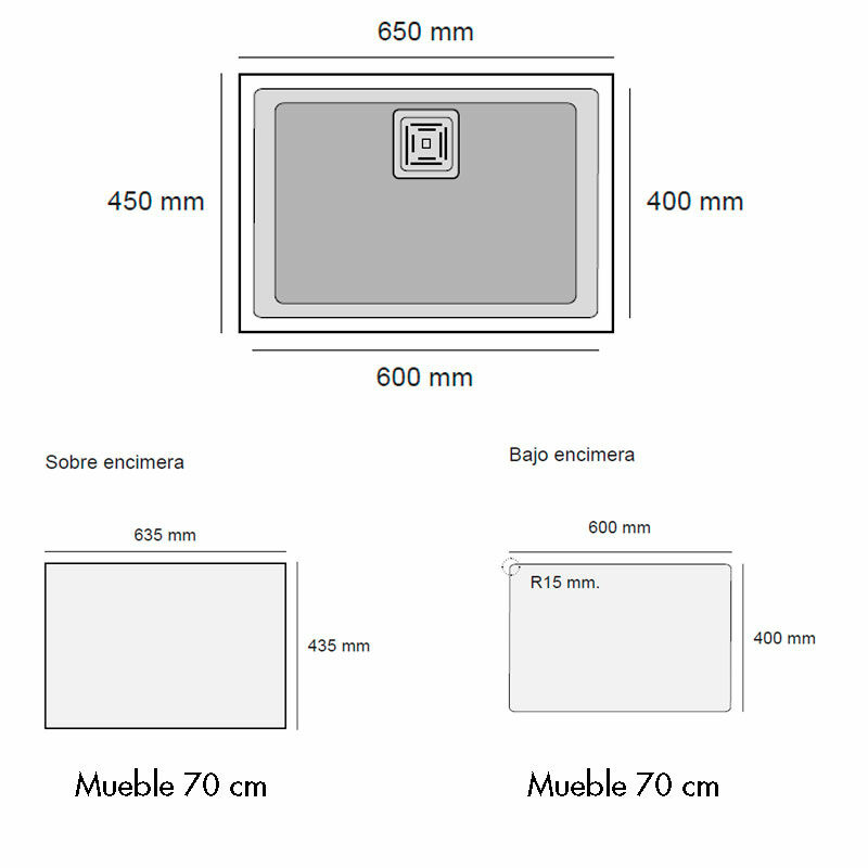 Fregadero 1 seno Poalgi Zie 60 1/S – Bajo encimera, Granito Hekla®, 65 cm
