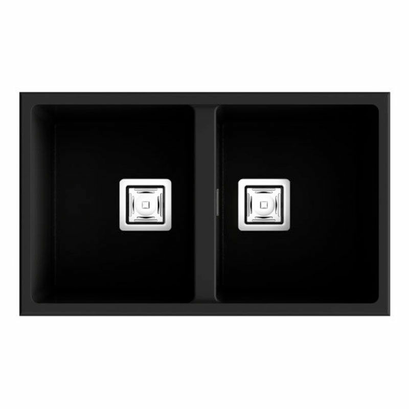 Fregadero doble seno Poalgi Zie 70 2C – Bajo encimera, Negro brillo, Roc Stone® antibacteriano