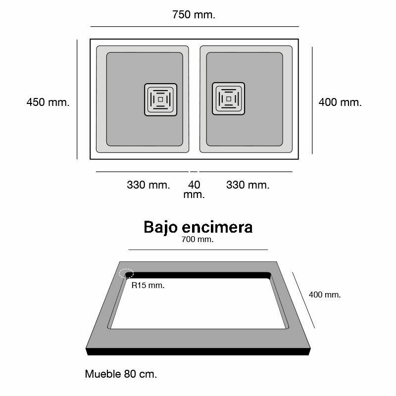 Fregadero doble seno Poalgi Zie 70 2C – Bajo encimera, Negro brillo, Roc Stone® antibacteriano