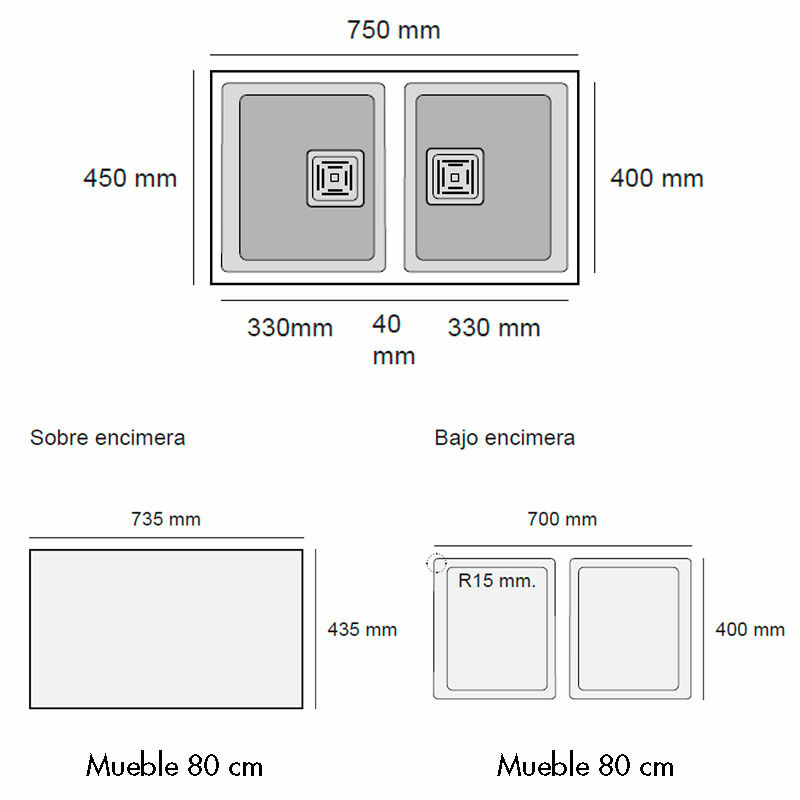 Fregadero Poalgi Zie 70 2/S – Bajo encimera, 2 cubetas profundas, Granito Hekla