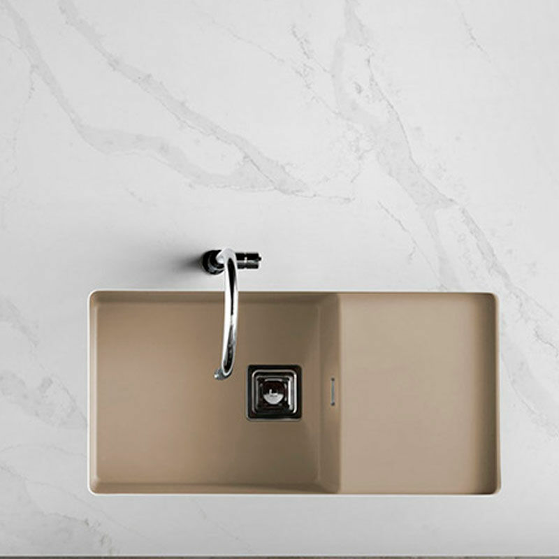 Fregadero bajo encimera Poalgi Zie 81 1/S+E – Roc Stone® antibacteriano, 1 seno con escurridor reversible, Beige