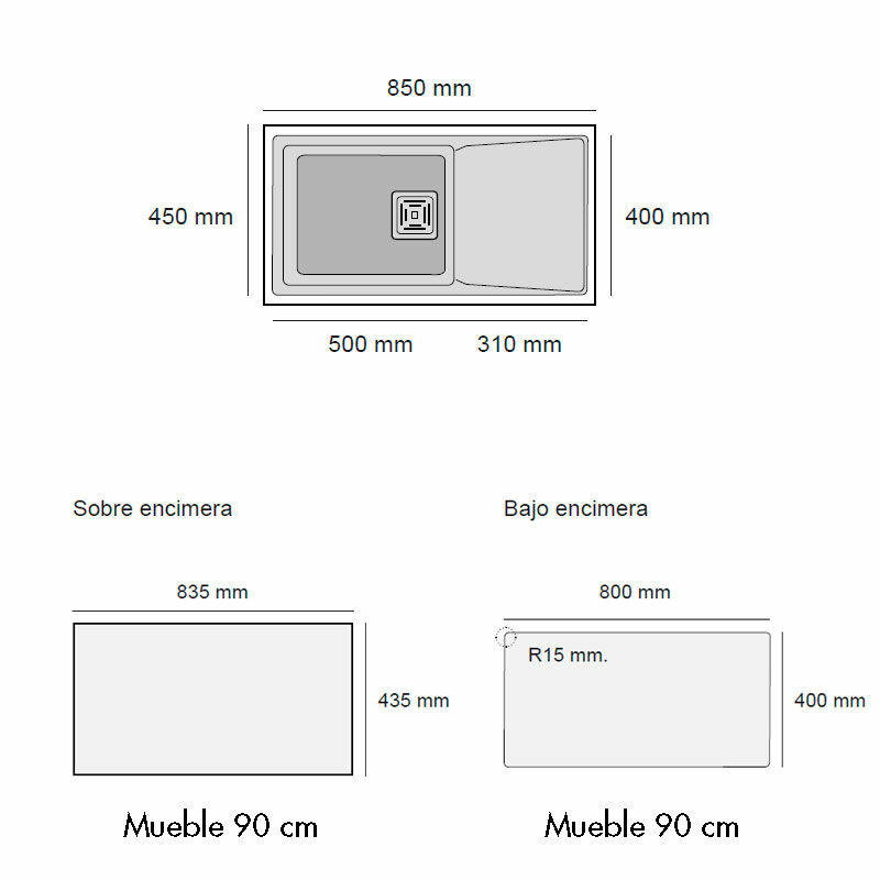 Fregadero Poalgi Zie 81 1/S+E – Bajo encimera, Resina Roc Stone, Escurridor reversible