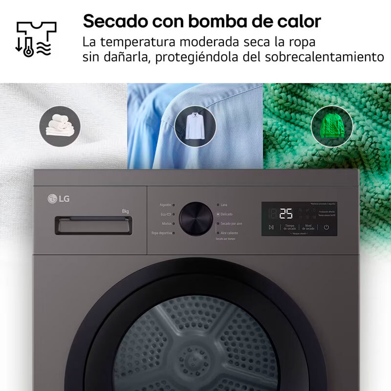 Secadora Bomba de Calor LG RHA1008NDK – 8 kg, A++, Libre instalación