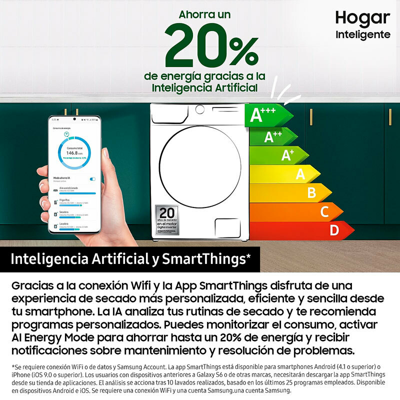 Secadora Samsung DV90DG52A0ABEC – 9 kg, Bomba de calor, WiFi