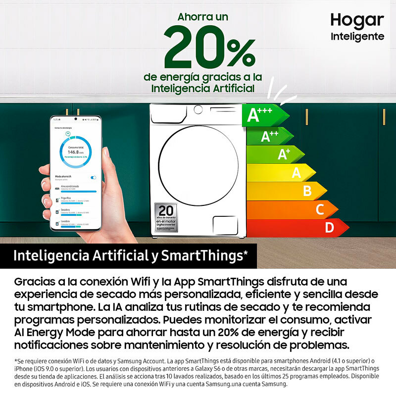 Secadora Samsung DV90DG52A0AEEC – 9 kg, Bomba de calor, WiFi SmartThings
