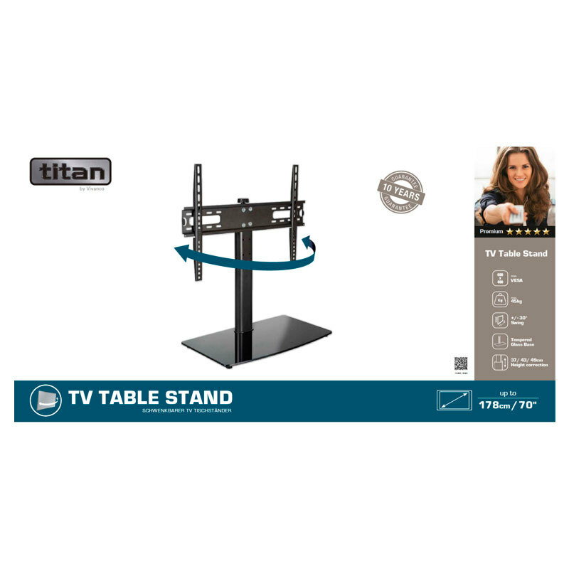 Soporte sobremesa TV Vivanco TS 8160 – Hasta 70", Giro ±30°, Base vidrio templado