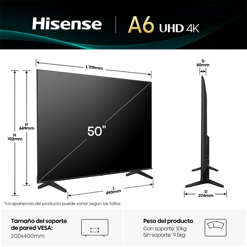 Televisor Hisense 50A6Q 50" – 4K UHD, Dolby Vision HDR, Smart TV VIDAA