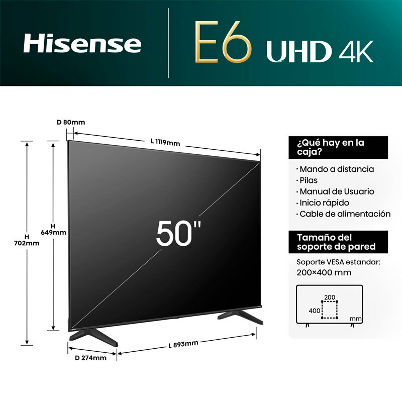 Televisor Hisense 50E6NT – 50", 4K UHD, Smart TV VIDAA