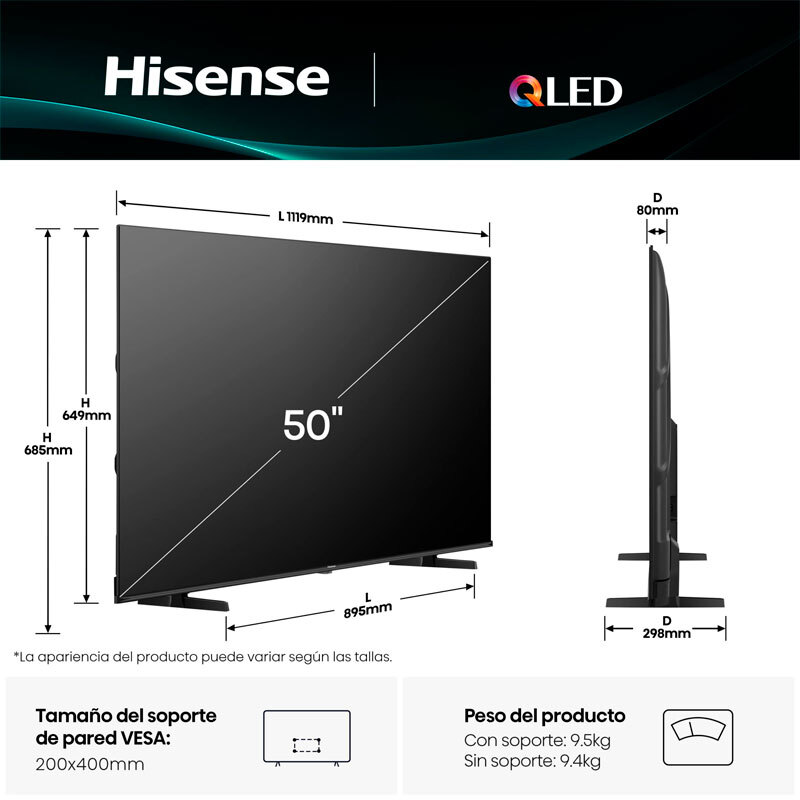 Televisor 50" Hisense 50E77Q – QLED 4K, Dolby Vision, Smart TV (VIDAA)