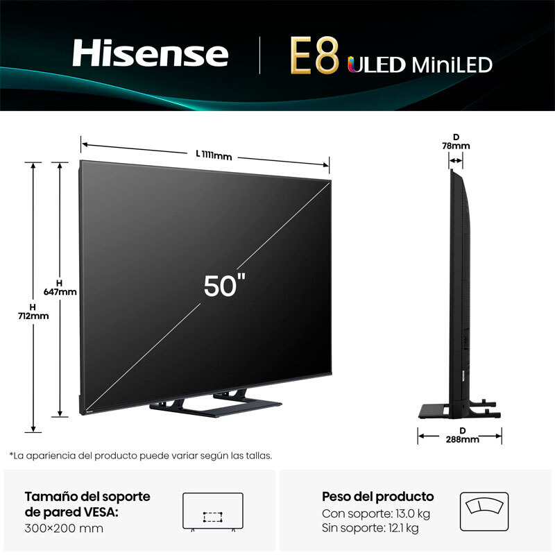 Televisor Hisense 50E8Q – Mini LED 50 pulgadas, 4K UHD, 144 Hz