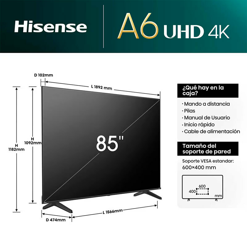 Televisor Hisense 85A6N – 85", 4K UHD, Smart VIDAA