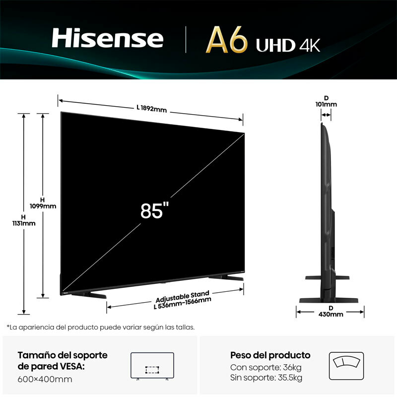 Televisor Hisense 85A6Q – 85" 4K UHD, Dolby Vision, VIDAA Smart TV