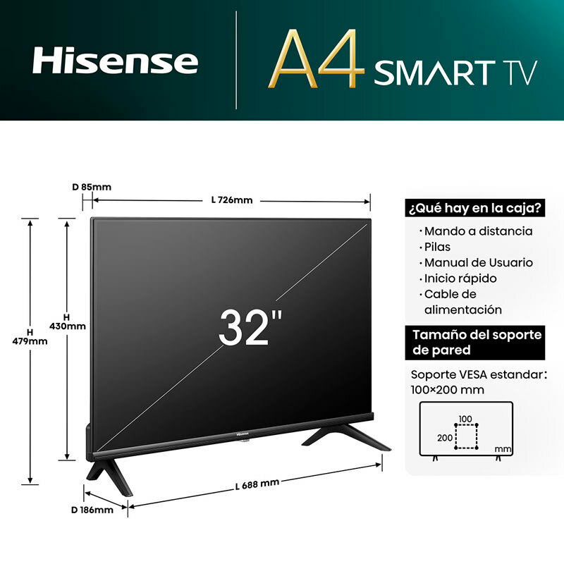 Televisor LED Hisense 32A4N – 32", HD Ready, Smart VIDAA