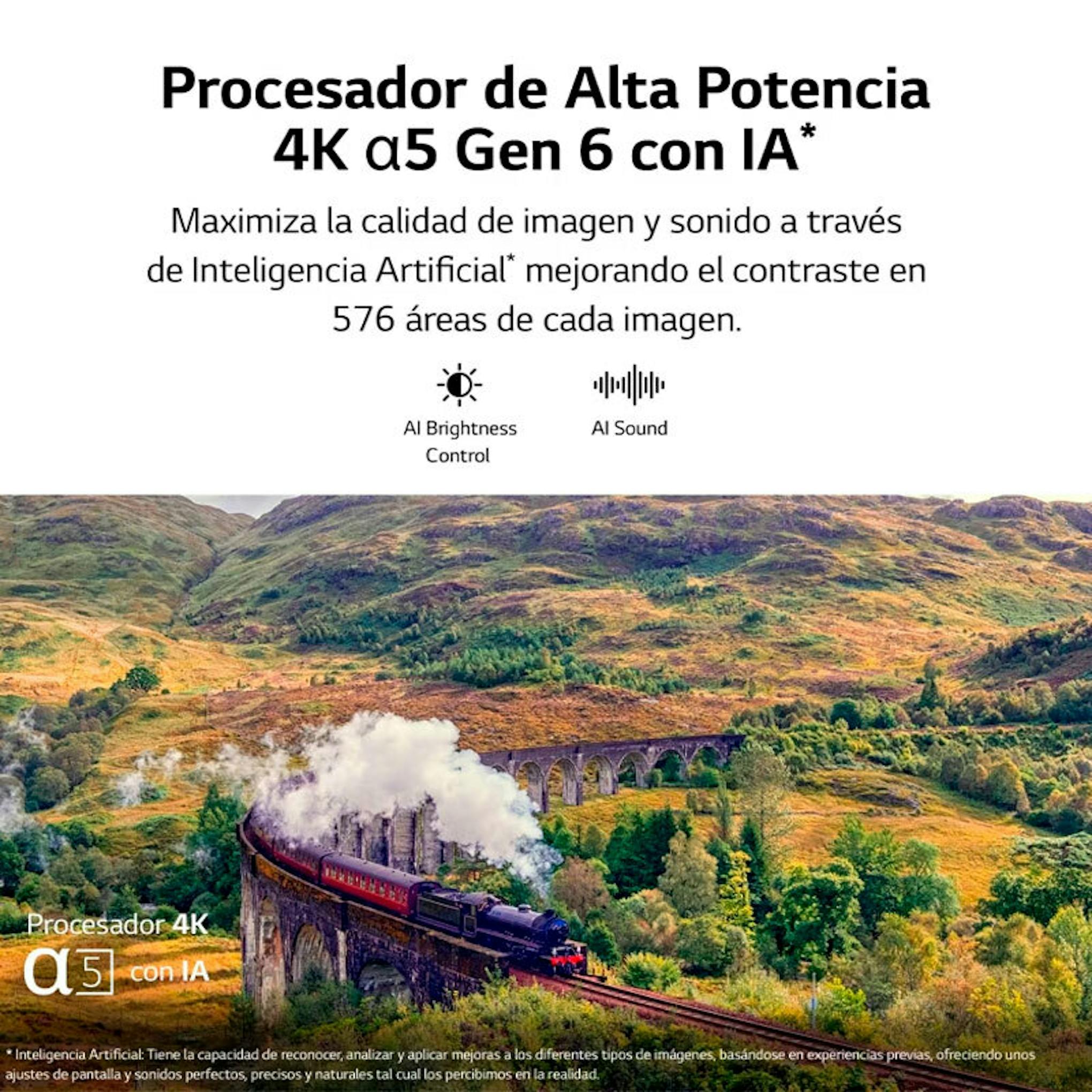 LG 75UR78006LK, gráfico promocional del procesador 4K α5 Gen 6 con IA y una imagen de paisaje con tren
