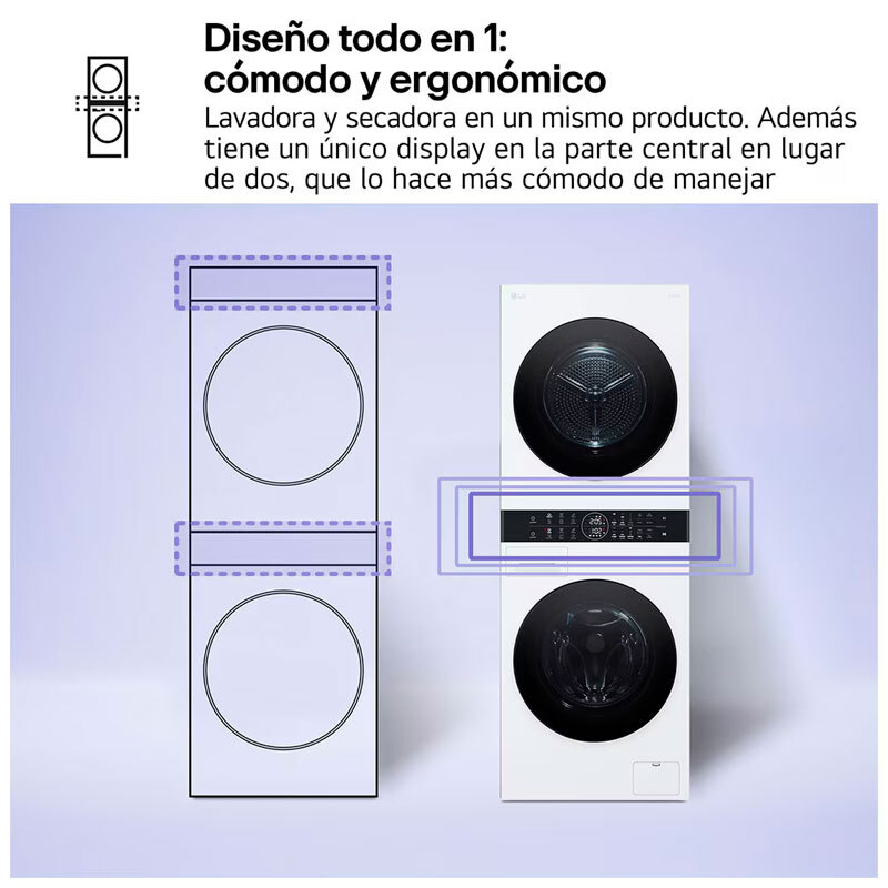 Torre de lavado y secado LG WT1210WWF – 12kg lavado 10kg secado, Motor Inverter AI, TurboWash360 y Vapor