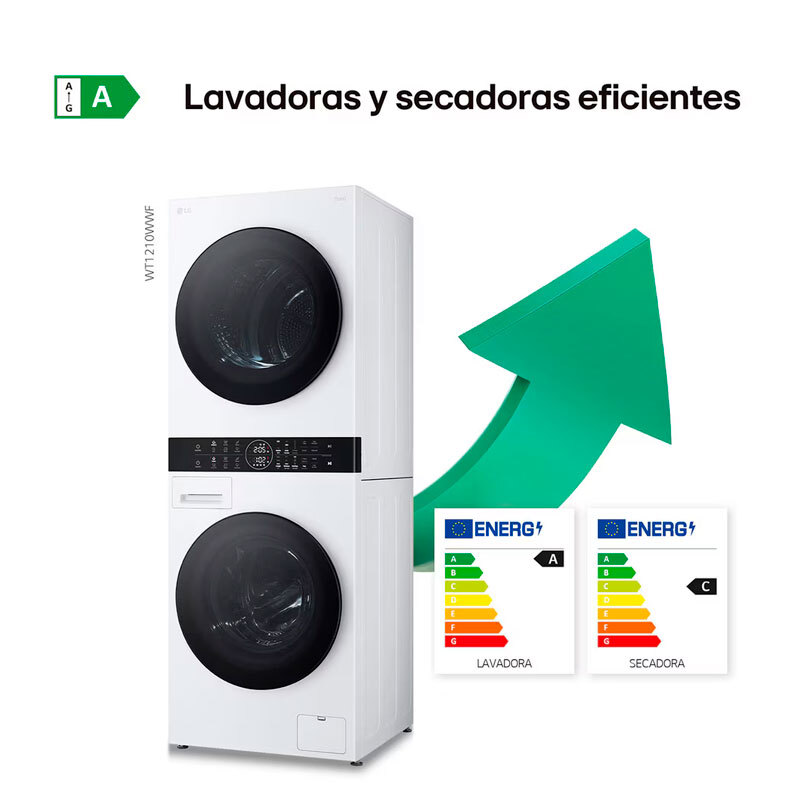 Torre de lavado y secado LG WT1210WWF – 12kg lavado 10kg secado, Motor Inverter AI, TurboWash360 y Vapor