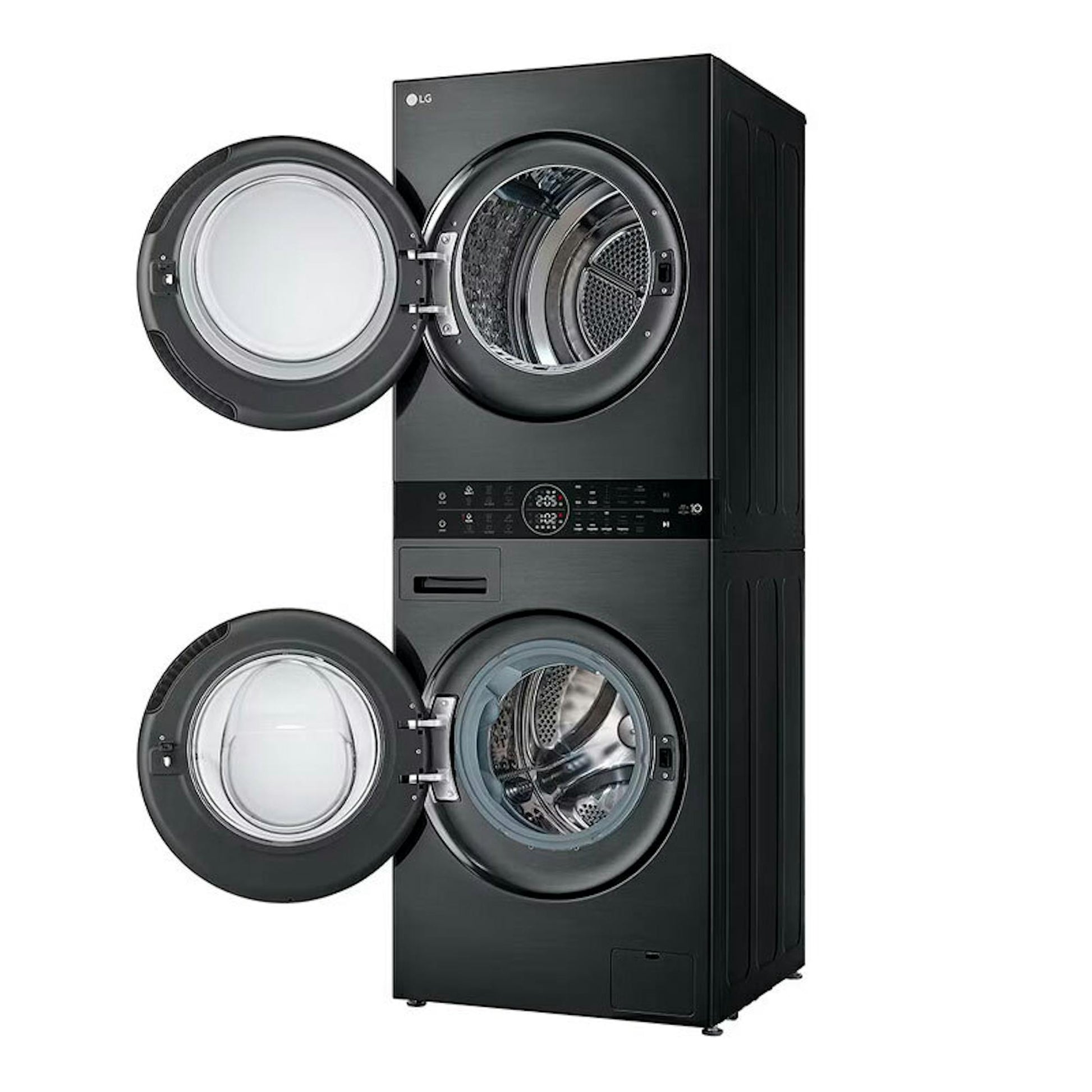 Torre de lavado y secado LG WT1210BBF negra con puertas abiertas
