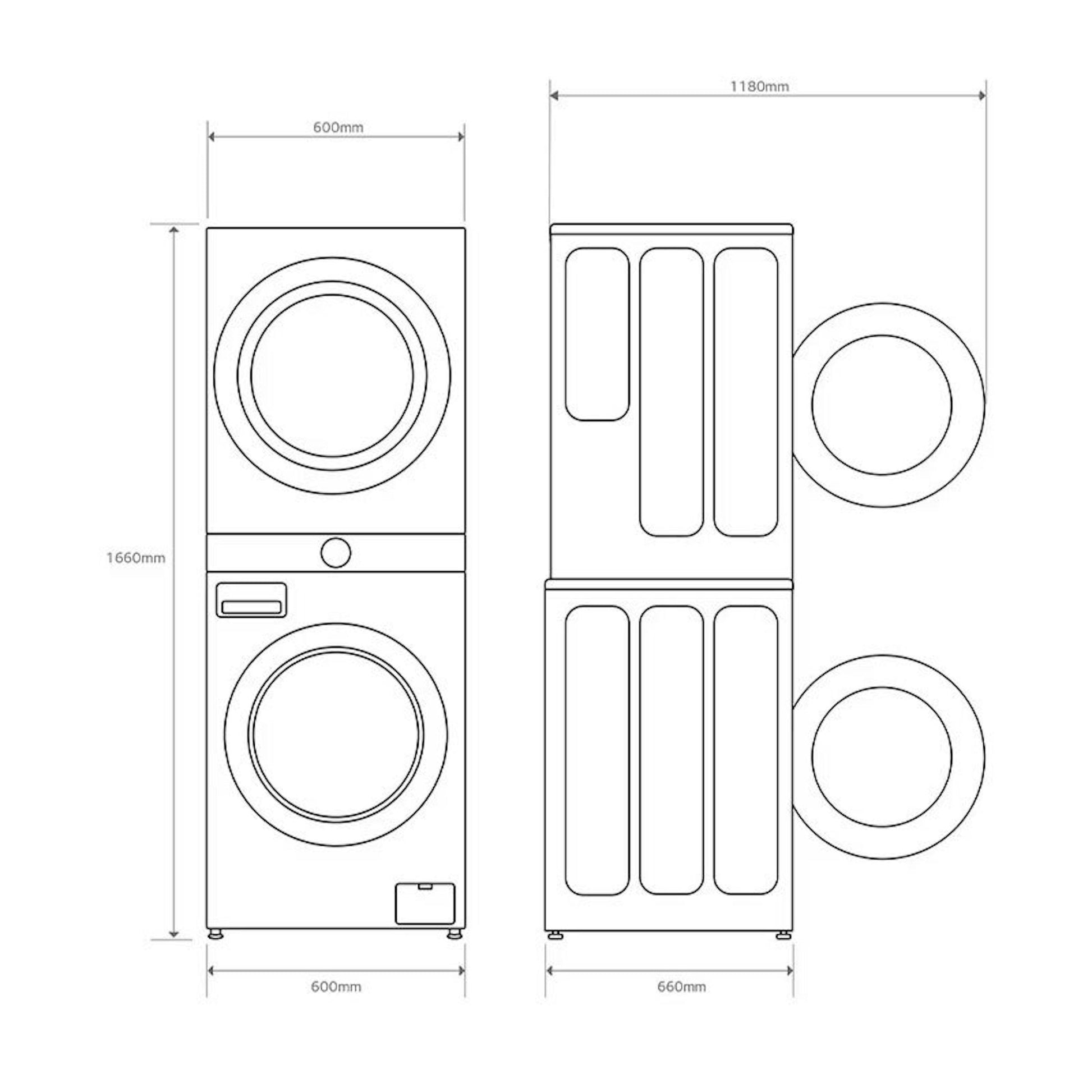 LG WT1210BBF torre de lavado y secado en dibujo técnico con vistas frontal y lateral