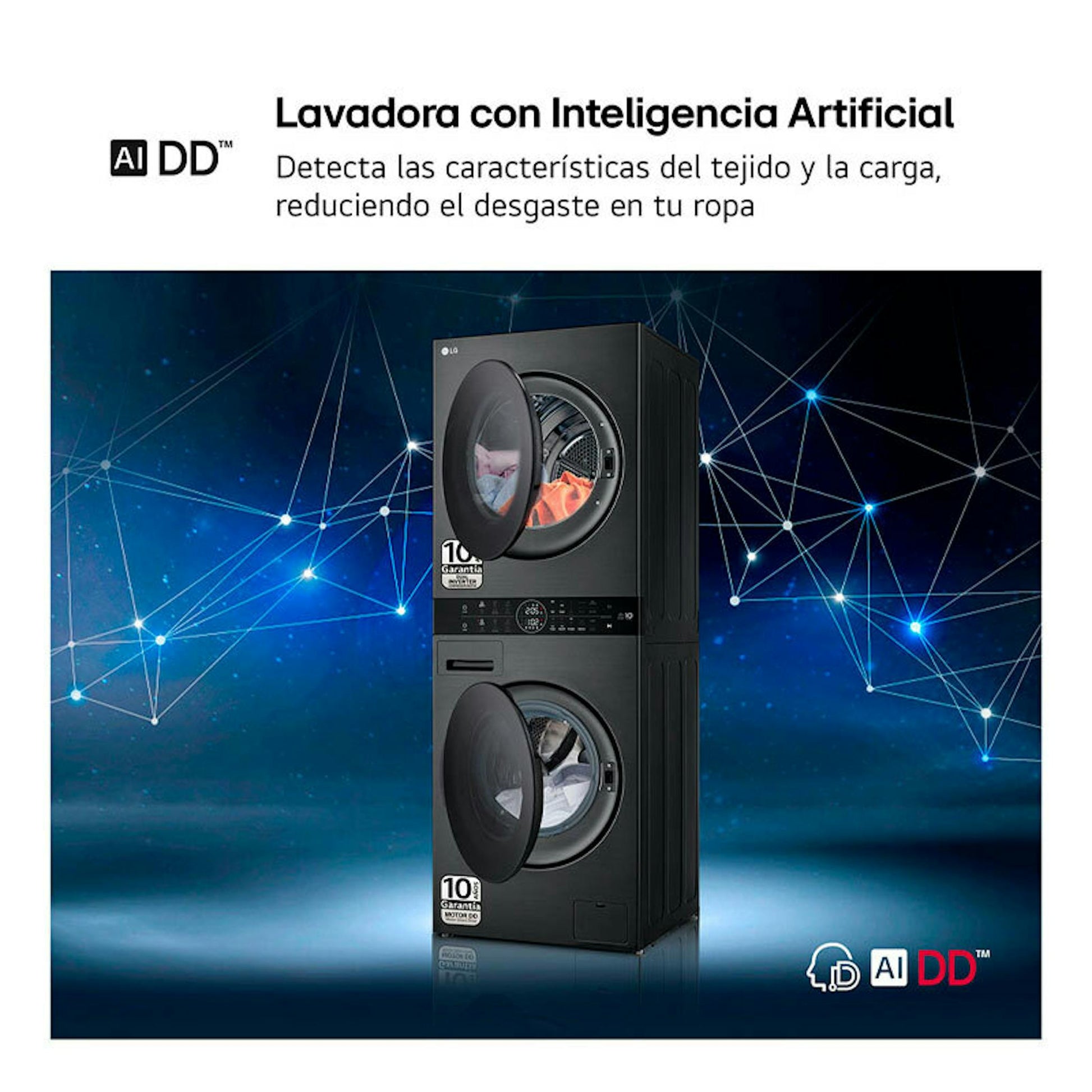 Torre de lavado y secado LG WT1210BBF negra, vista frontal