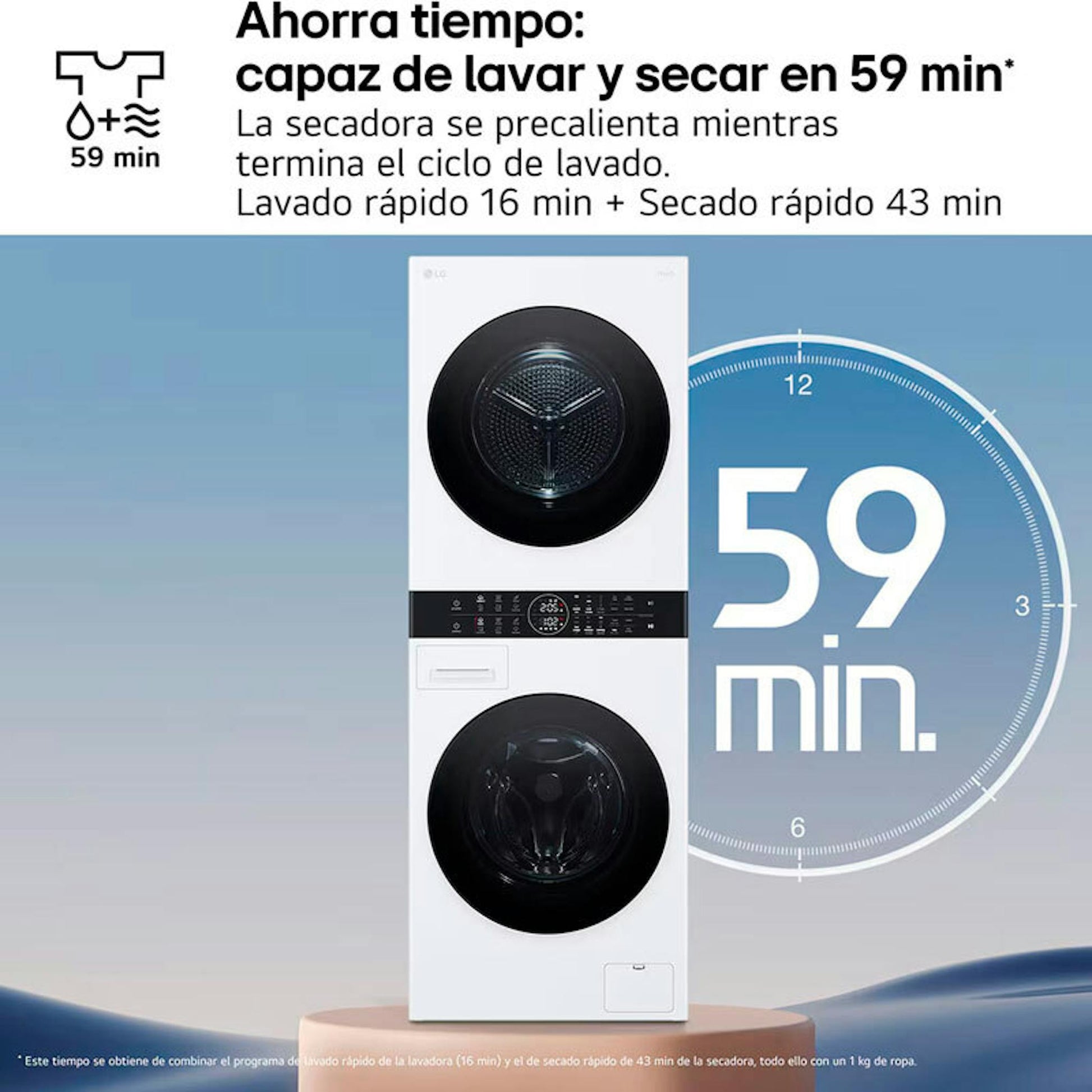 Torre de lavado LG WT1210WWF blanca con lavadora y secadora apiladas