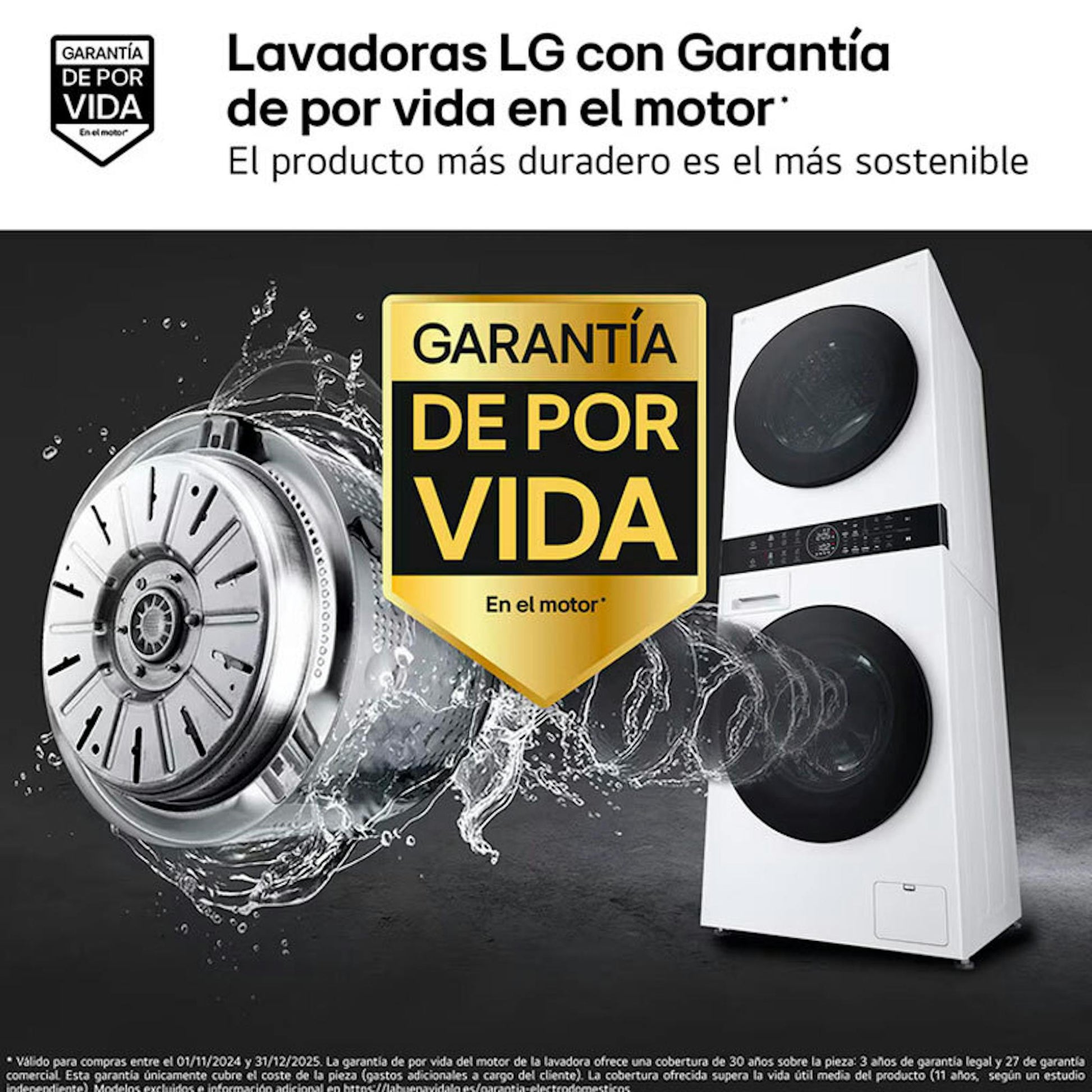 Torre de lavado LG WT1210WWF blanca en un anuncio con garantía de por vida