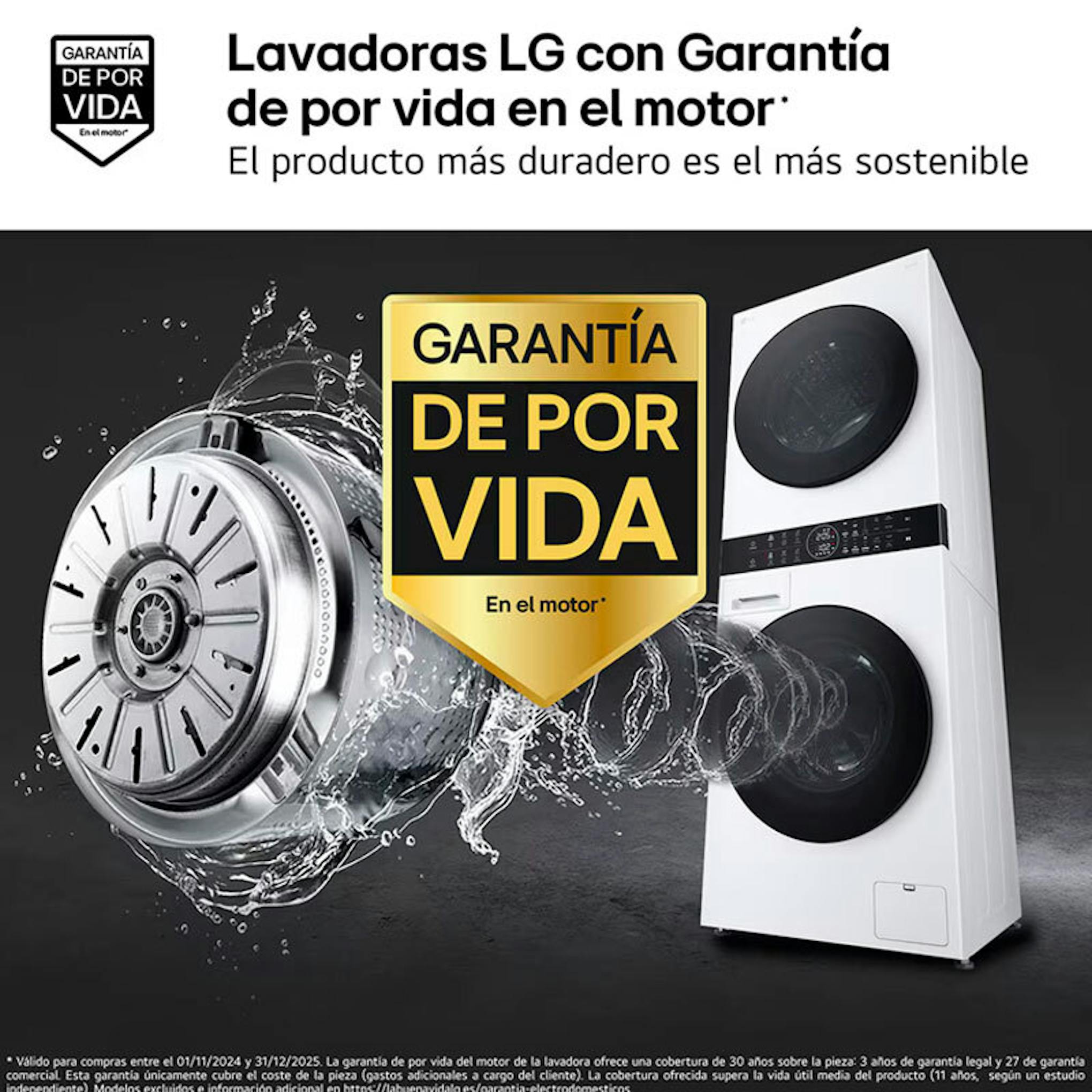 Torre de lavado LG WT1210WWF blanca en un anuncio con garantía de por vida
