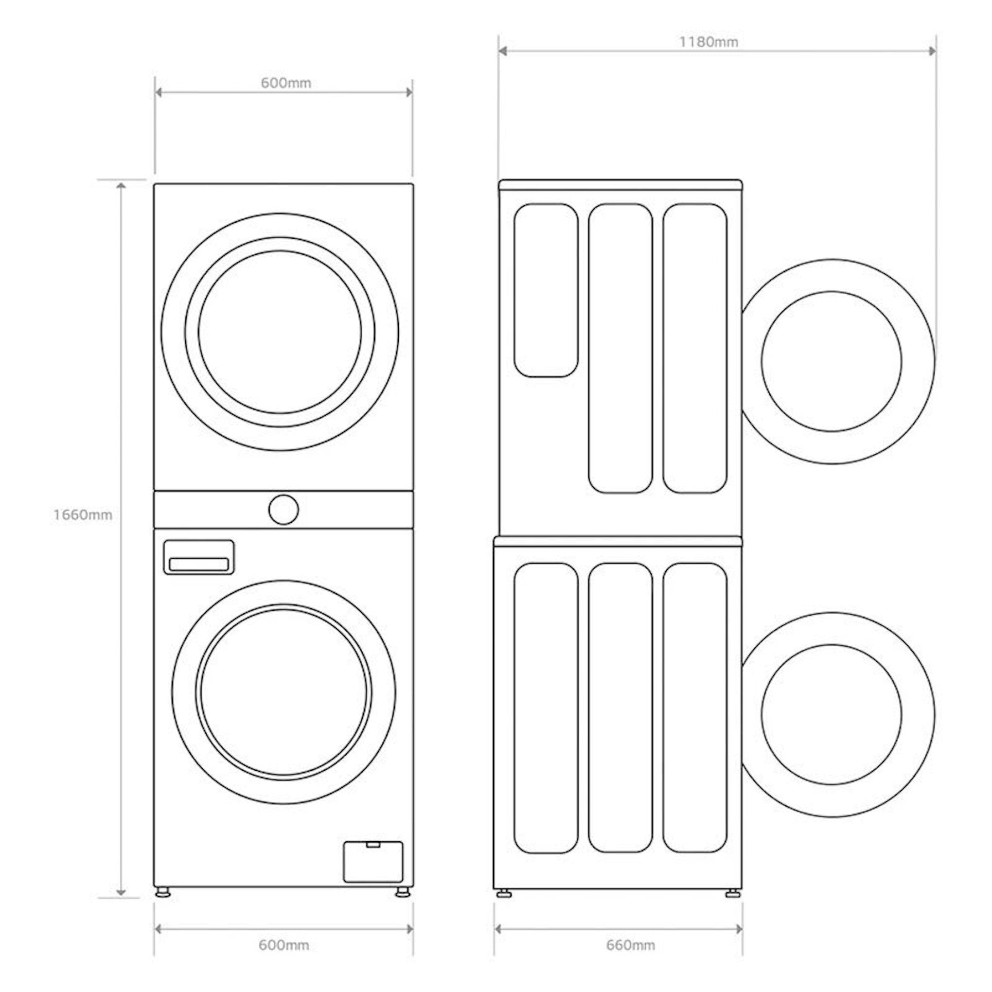 Dibujo técnico de la torre de lavado LG WT1210WWF en blanco, con vistas frontal y lateral y medidas