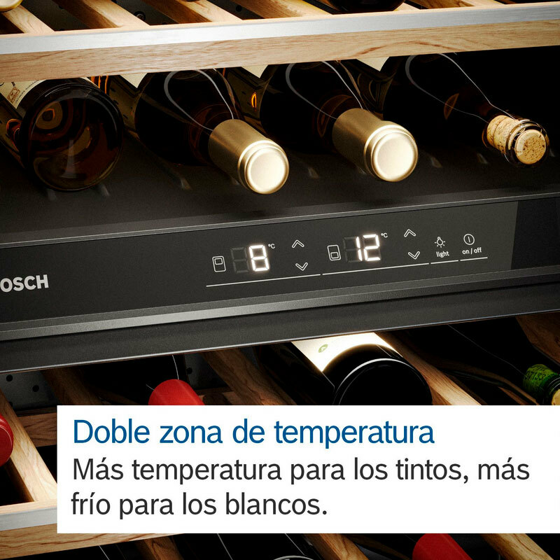 Vinoteca Bosch KWK36ABGA – 199 botellas, Doble zona 7–19 °C, Puerta con filtro UV