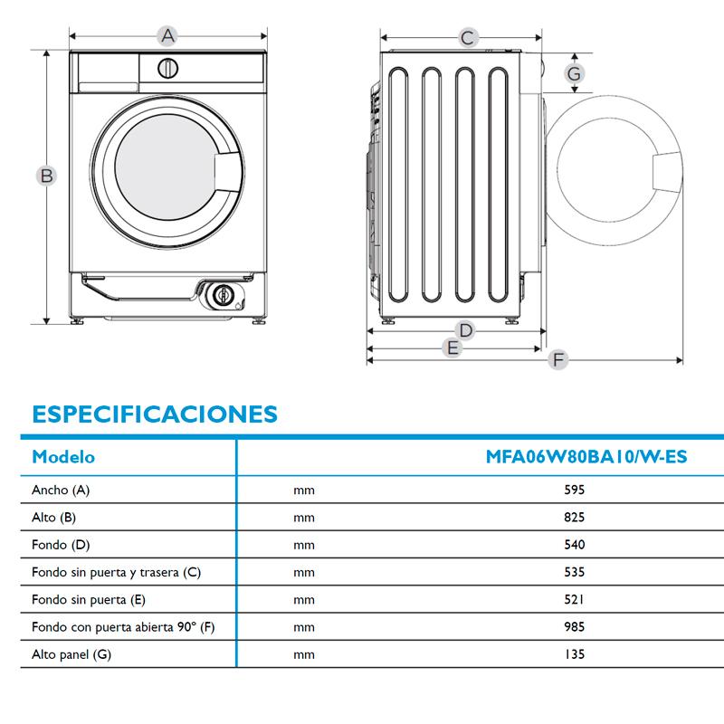 Lavadora integrable Midea MFA06W80BA10/W-ES – 8 kg, 1.400 rpm, Motor BLDC Inverter