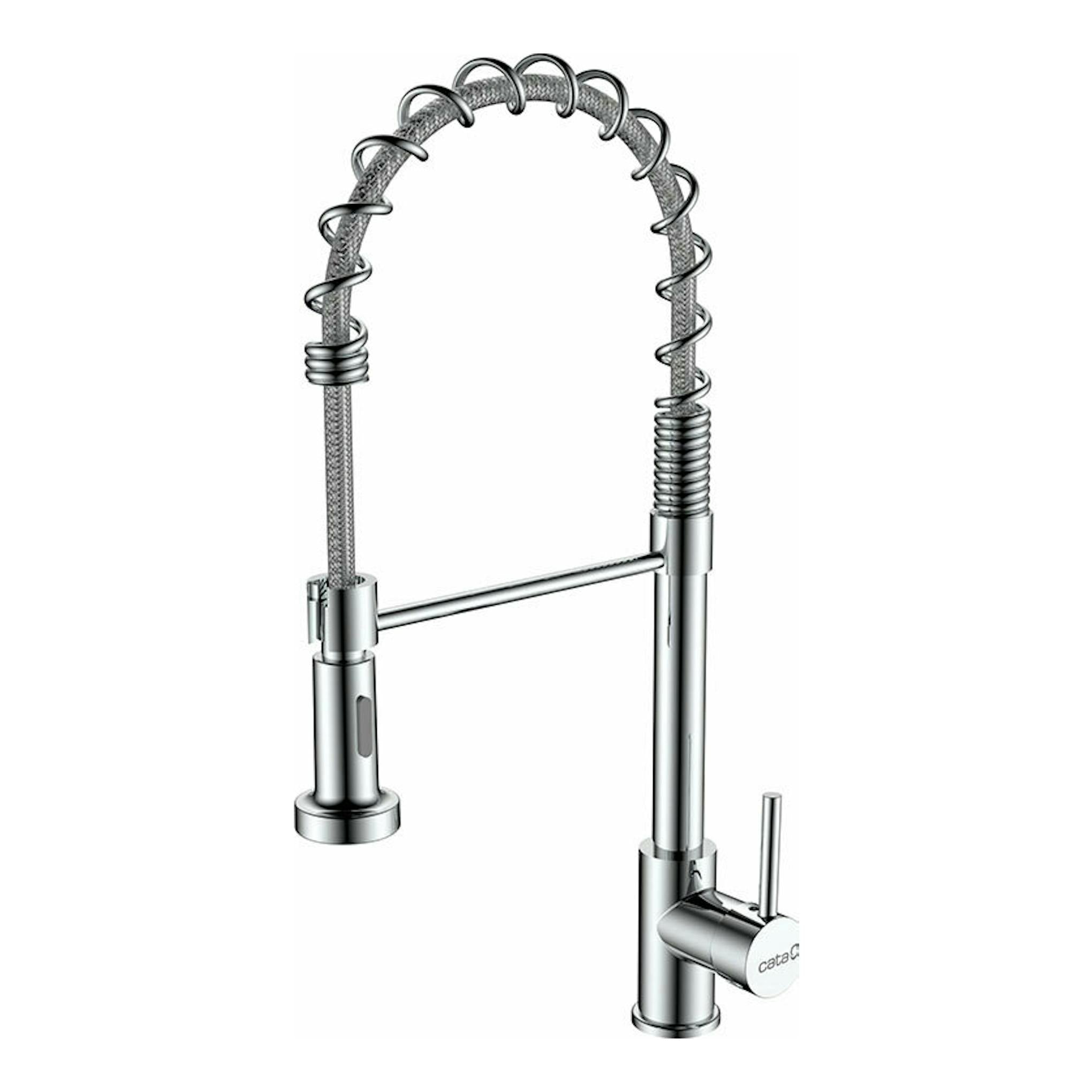 Grifo Cata CPB cromo, vista frontal, con caño flexible en espiral y mando lateral cromado.