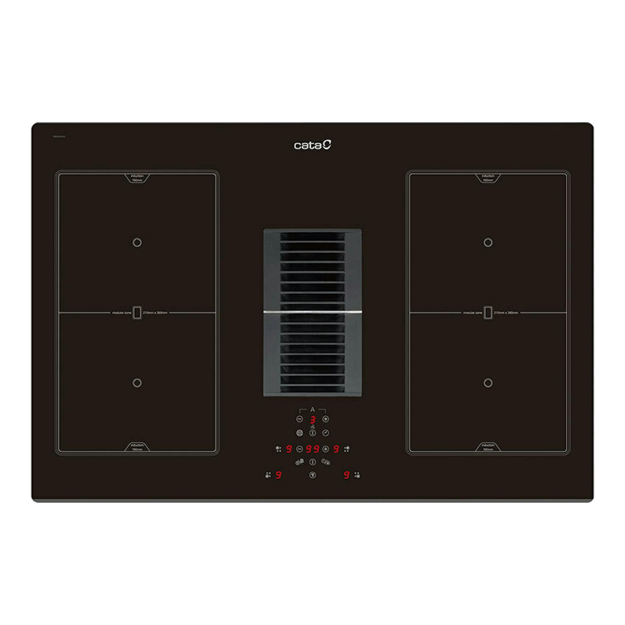 Placa de inducción negra Cata AS750 2 FLEX/A con extractor central integrado, vista superior.