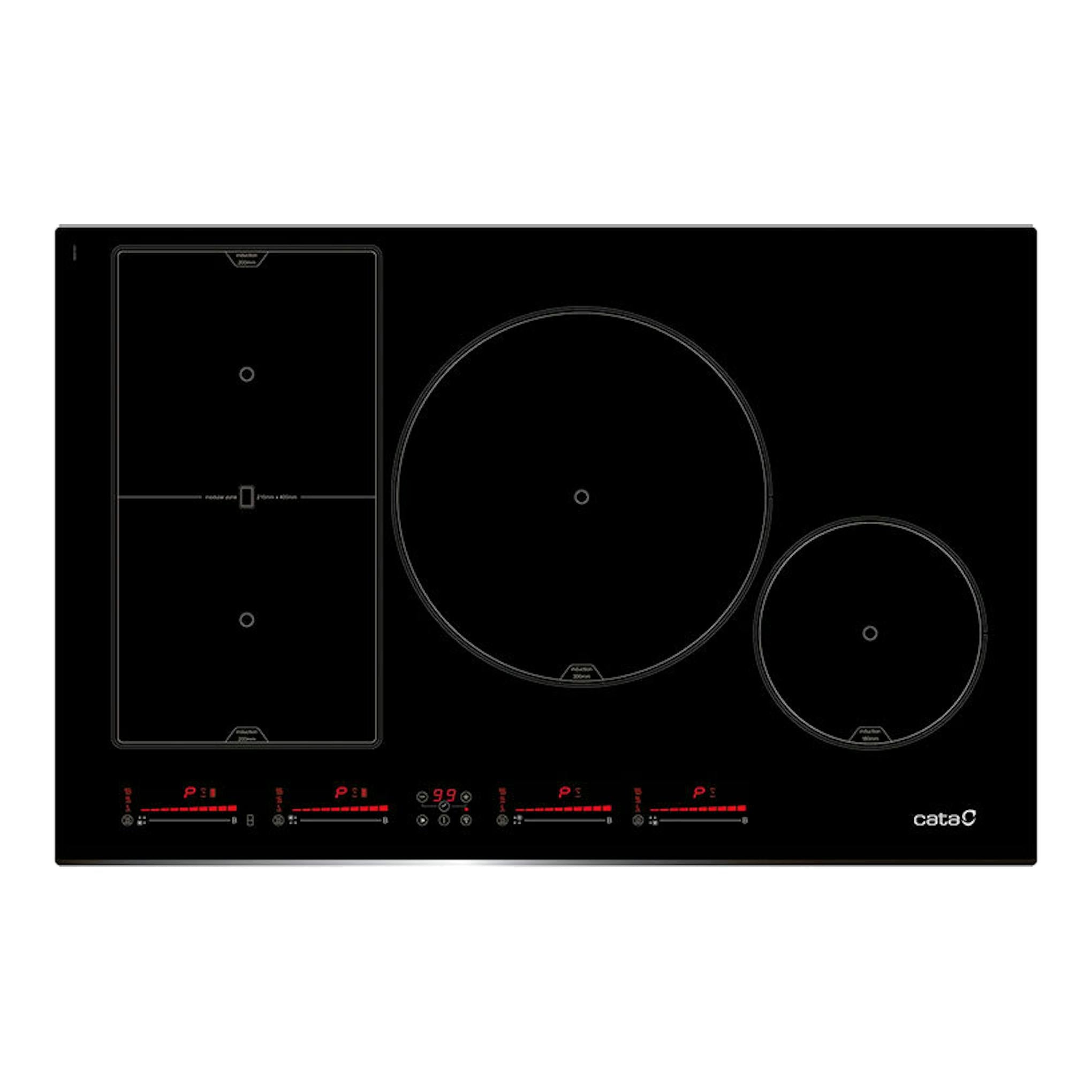 Placa de inducción Cata INSB8021BK/A negra, vista frontal, con cuatro zonas de cocción.