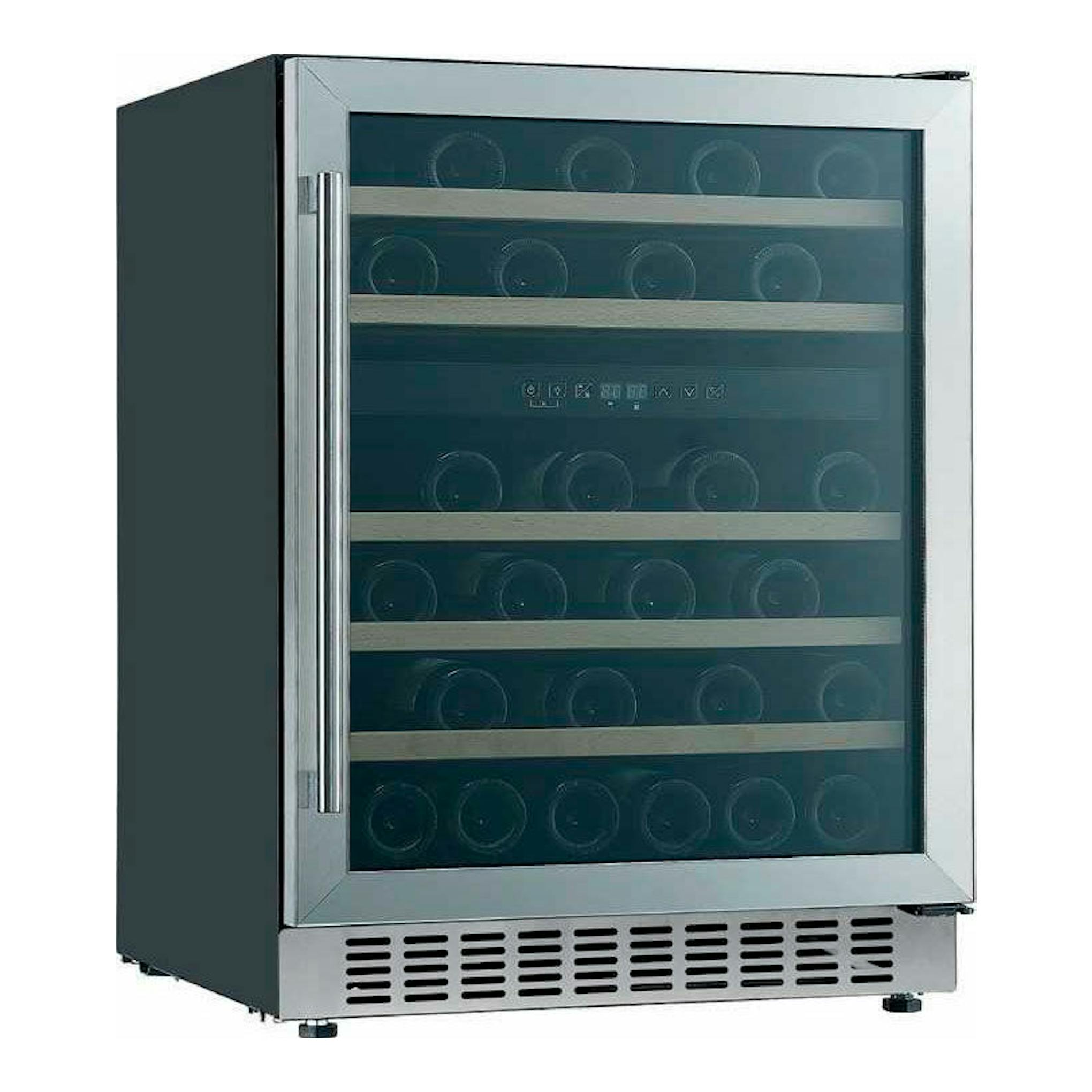 Vinoteca integrable Cata VI 59082/A inox, vista frontal, puerta de cristal ahumado y marco metálico.