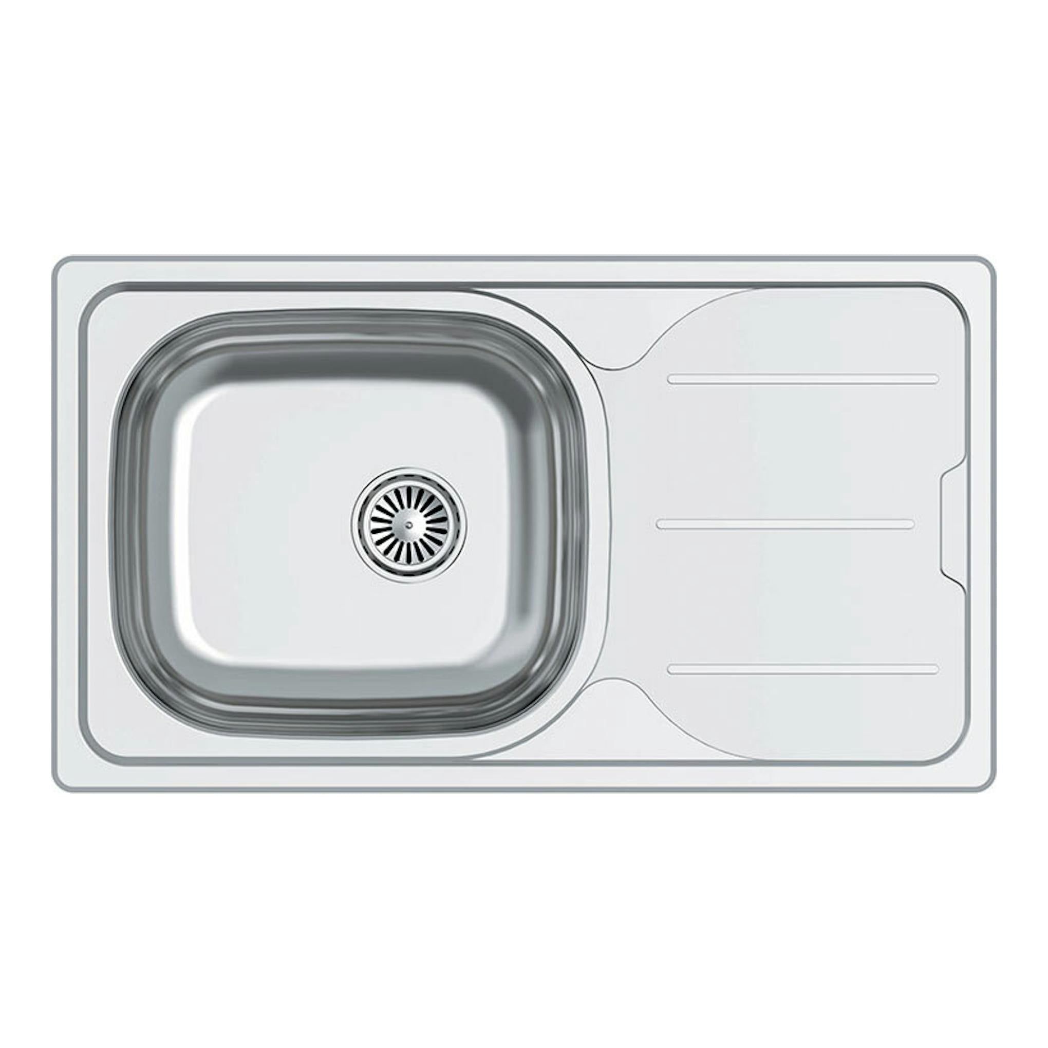 Fregadero Cata CDS-1 REV/A inox, vista superior, un seno a la izquierda y escurridor a la derecha.