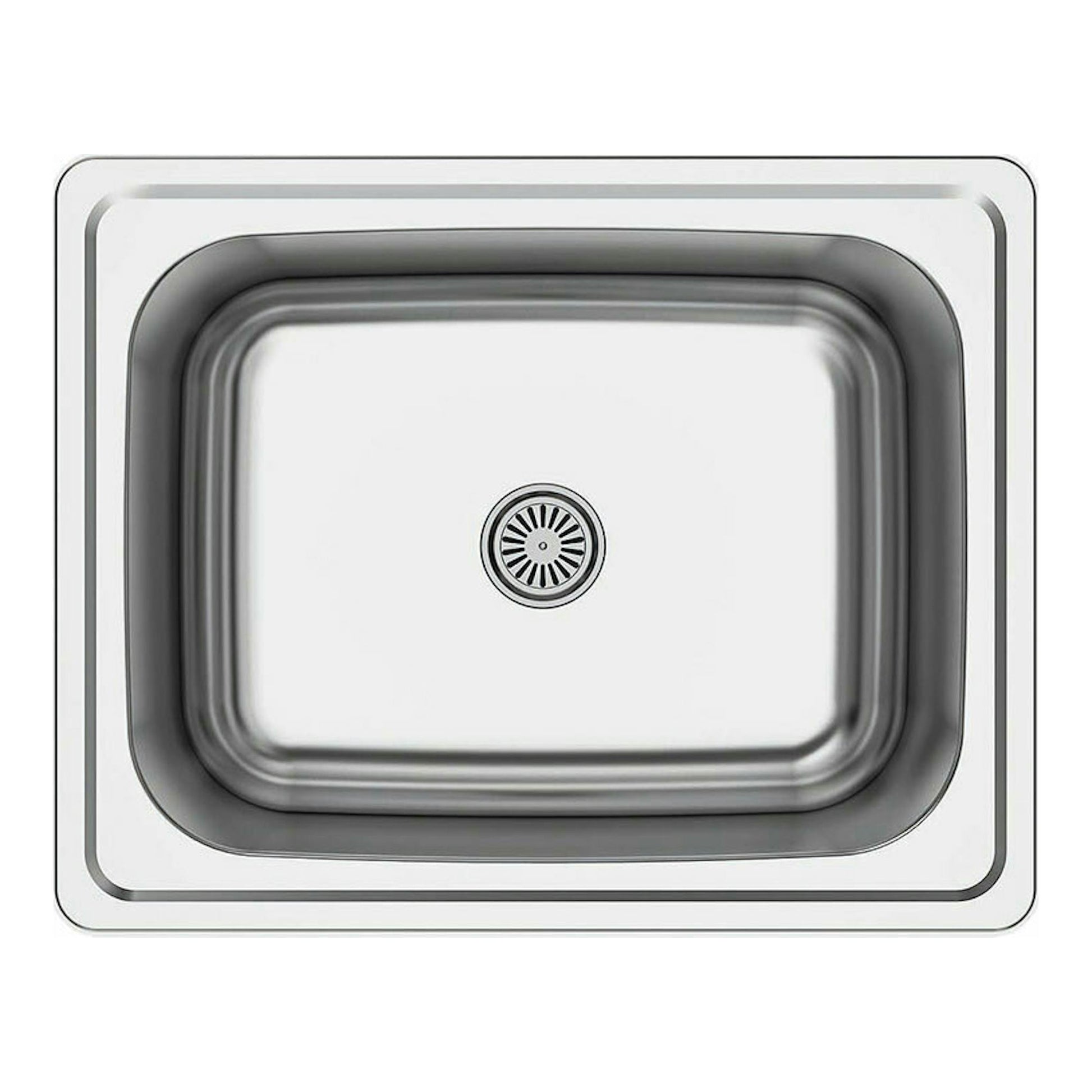 Fregadero Cata CSS1/A de acero inoxidable, vista cenital, con seno rectangular y desagüe central.