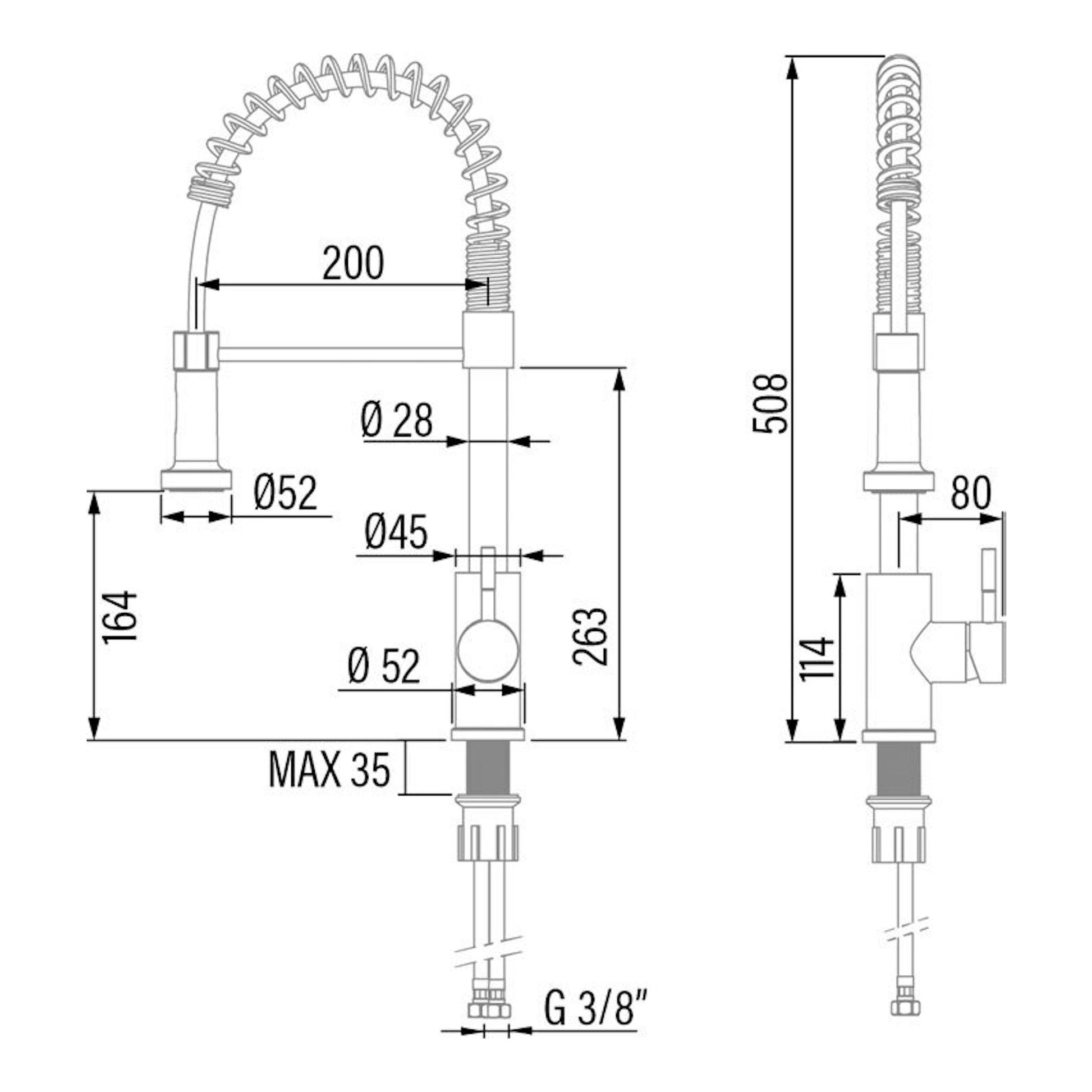 Grifo Cata XPB/A Inox en dibujo técnico, vistas frontal y lateral con medidas.