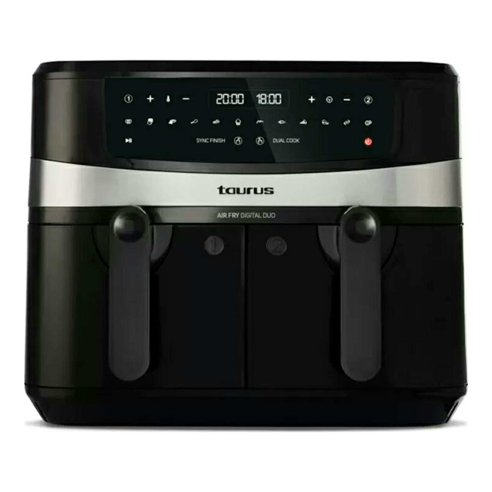 Freidora de aire Taurus Air Fry Digital Duo, negra y plateada, vista frontal con dos cestas y panel digital.