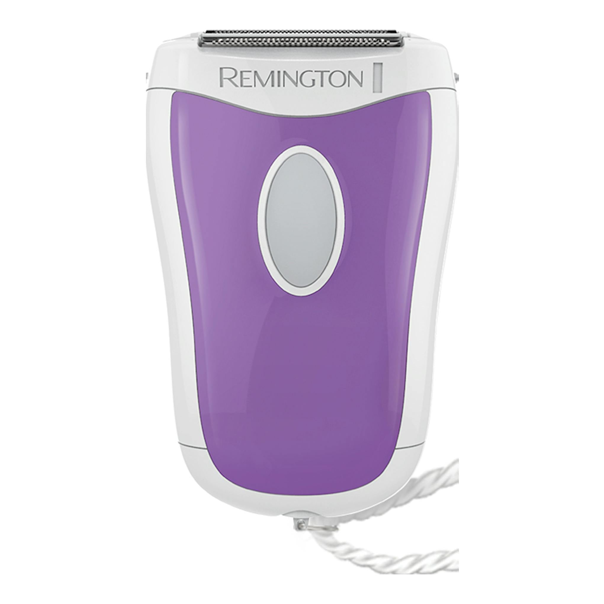 Afeitadora femenina Remington WSF4810, vista frontal, blanca y morada, con cordón.