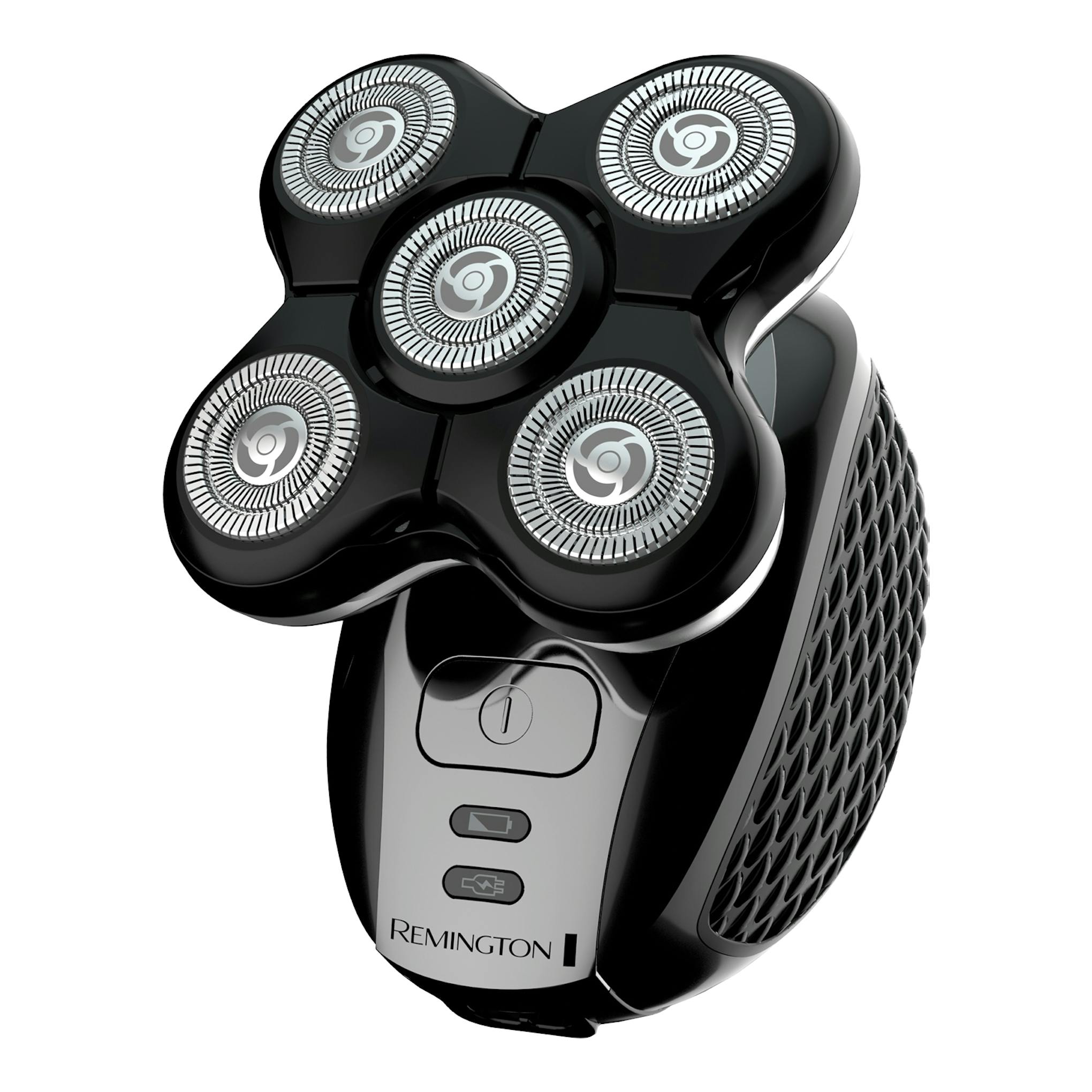 Afeitadora de cabeza Remington XR1500 negra, vista frontal, con 5 cabezales circulares.