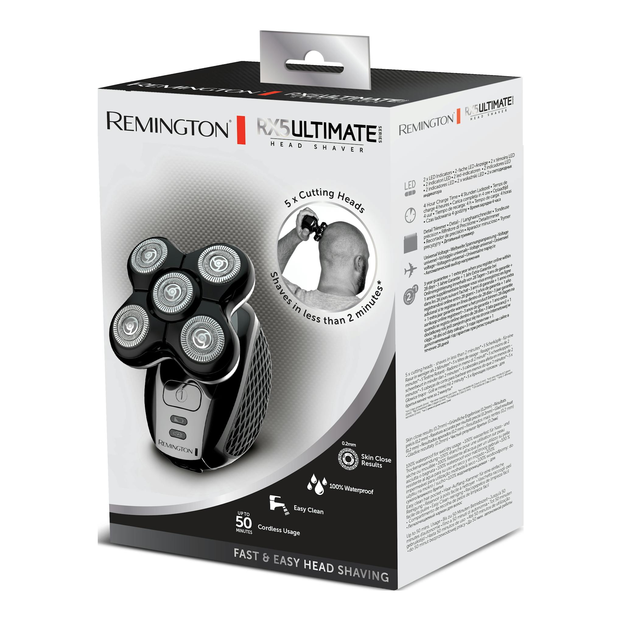 Caja de la afeitadora Remington RX5 Ultimate Series, vista frontal en ángulo, blanco y negro.