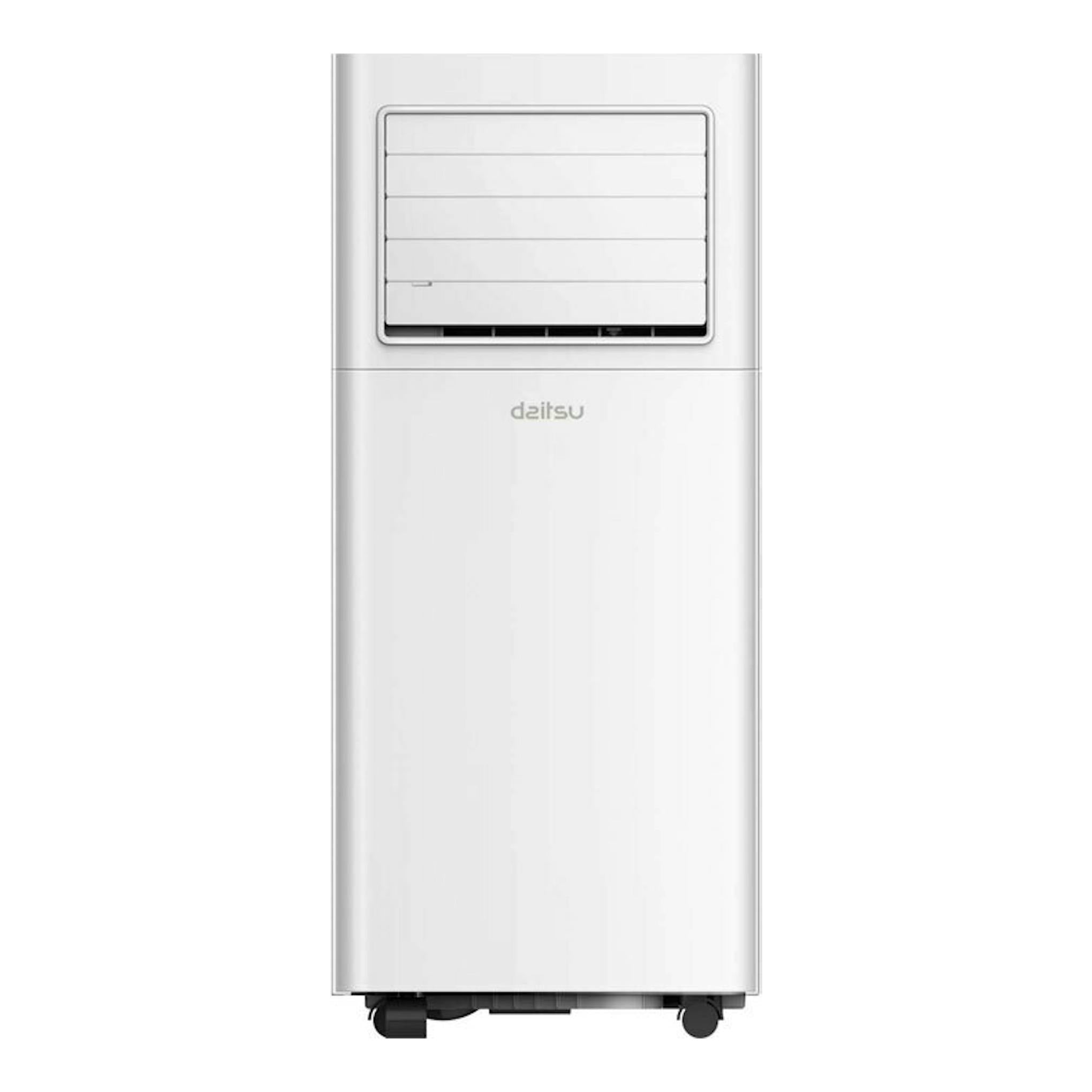 Aire acondicionado portátil Daitsu APD 09F blanco, vista frontal, con rejilla superior y ruedas.
