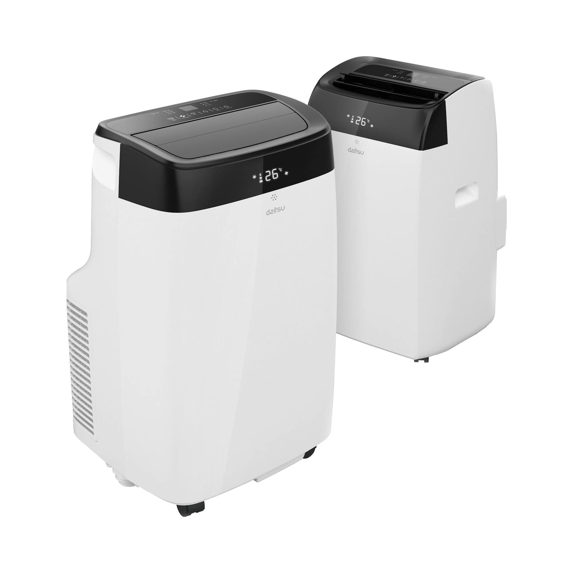 Aire acondicionado portátil Daitsu APD12FCX blanco y negro, vista frontal y trasera sobre fondo blanco.