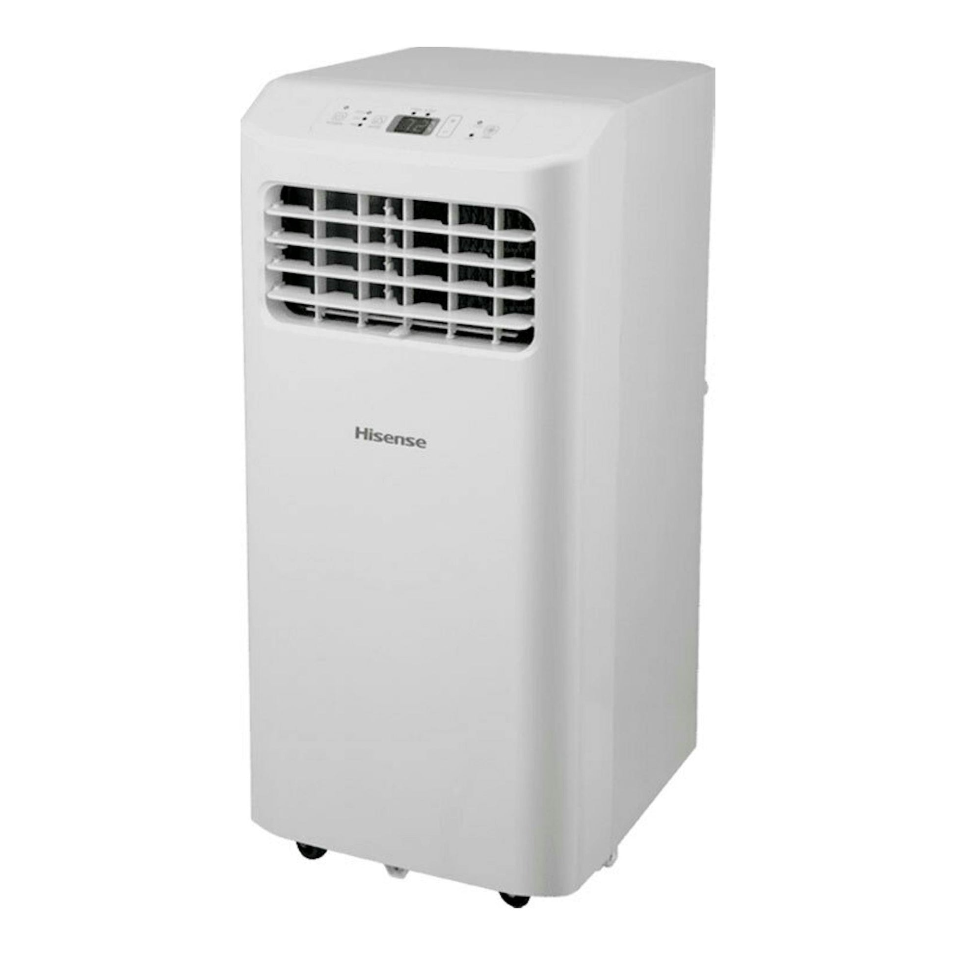 Aire acondicionado portátil Hisense APC09KV, blanco, vista frontal en ángulo, con rejilla y panel superior.