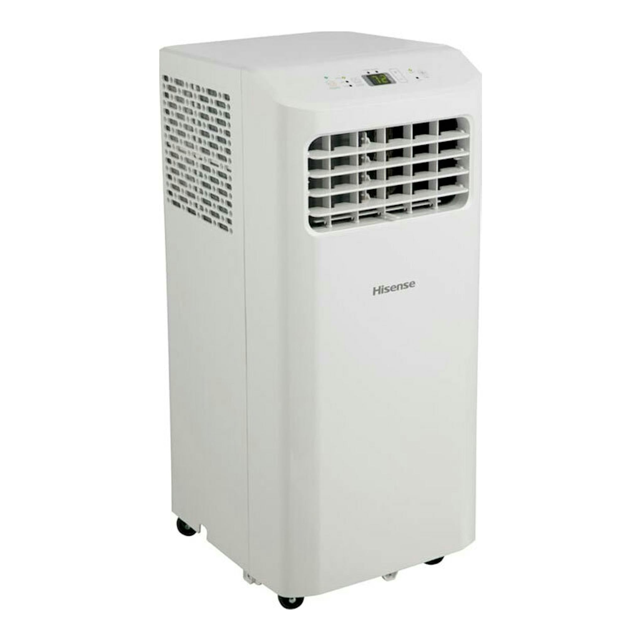 Aire acondicionado portátil Hisense APC09KV blanco, vista frontal en ángulo, con rejilla superior y ruedas.
