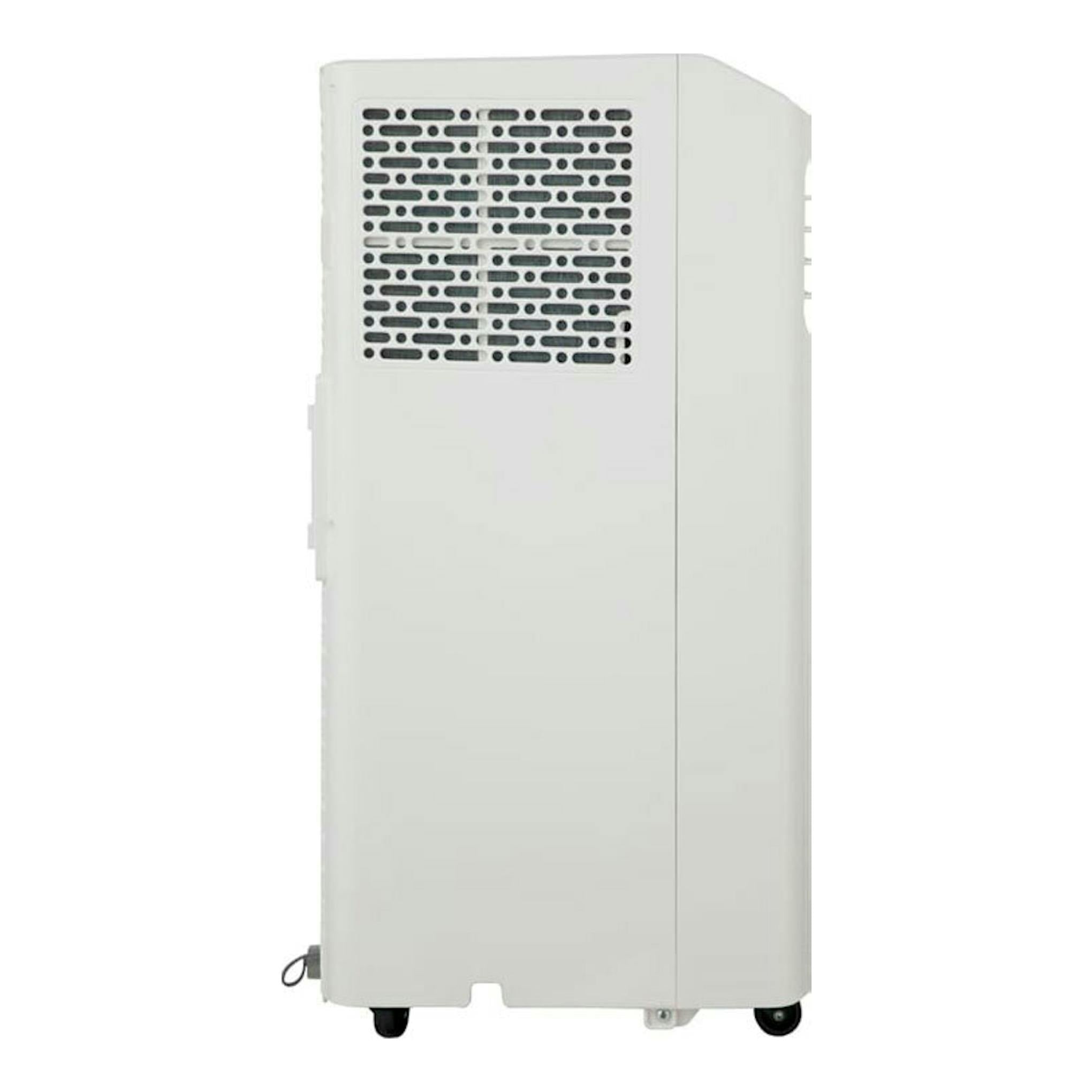 Aire acondicionado portátil Hisense APC09KV blanco, vista lateral, con rejilla superior y ruedas.