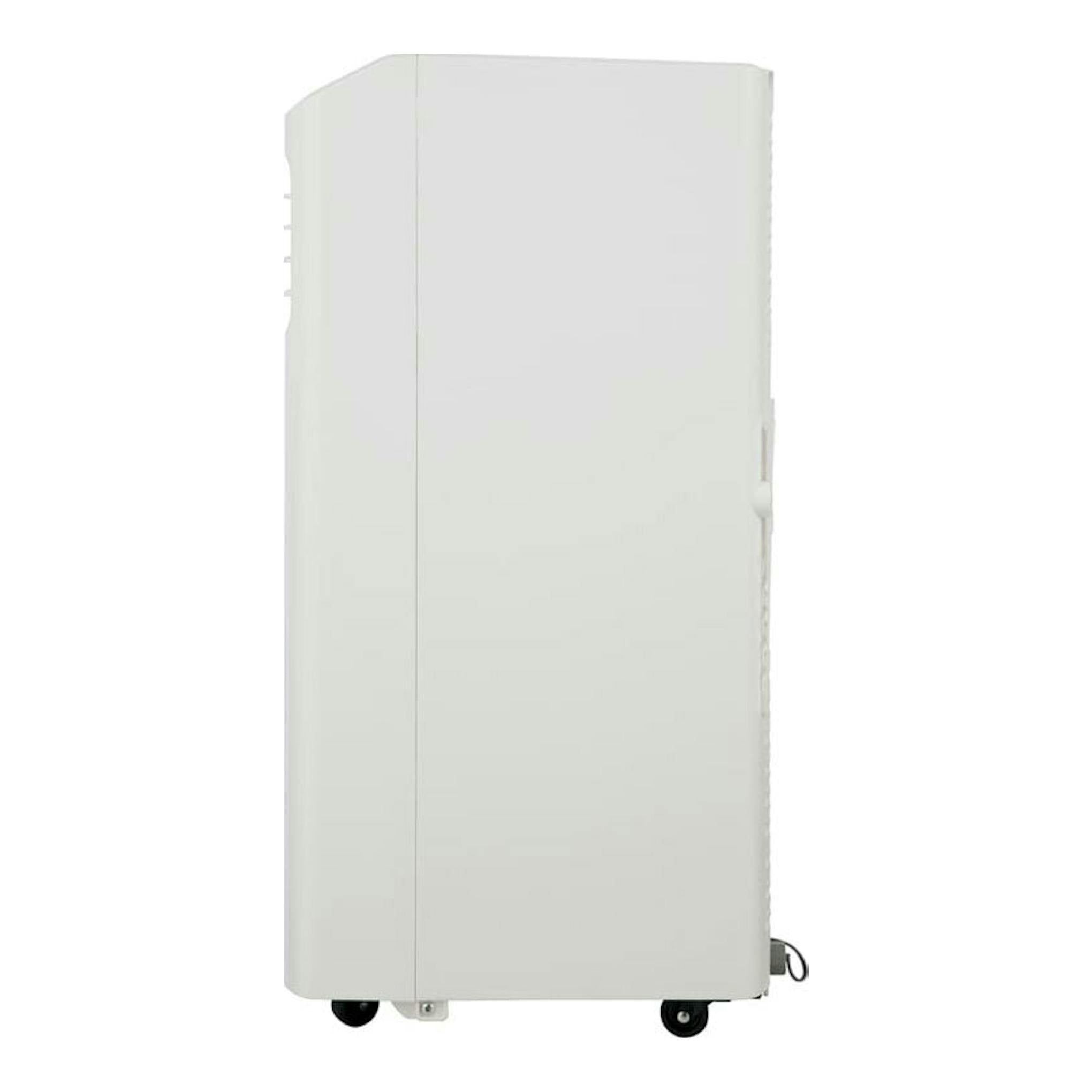 Aire acondicionado portátil Hisense APC09KV blanco, vista lateral/frontal, con ruedas.