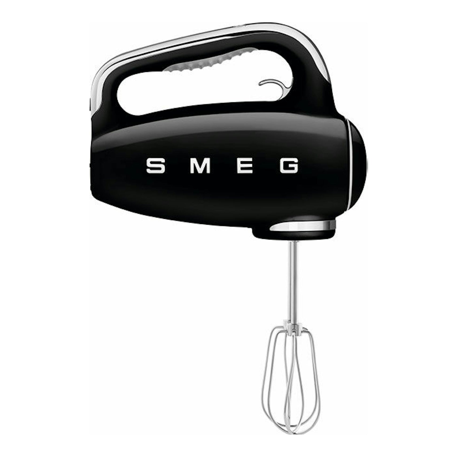 Amasadora Smeg HMF01BLEU negra, vista lateral, con varilla batidora sobre fondo blanco.