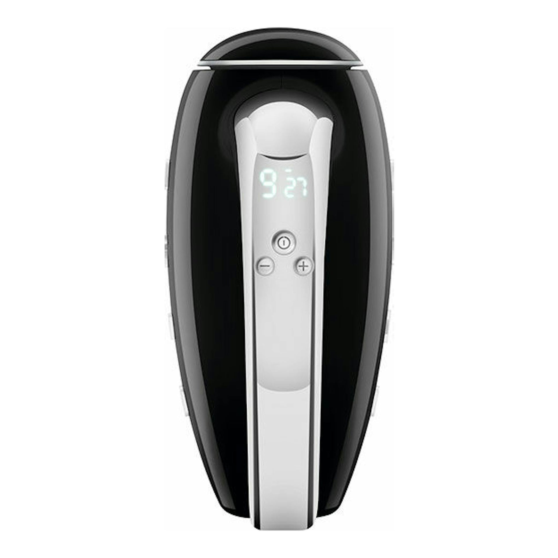 Amasadora Smeg HMF01BLEU negra y plateada, vista frontal con pantalla digital y botones.