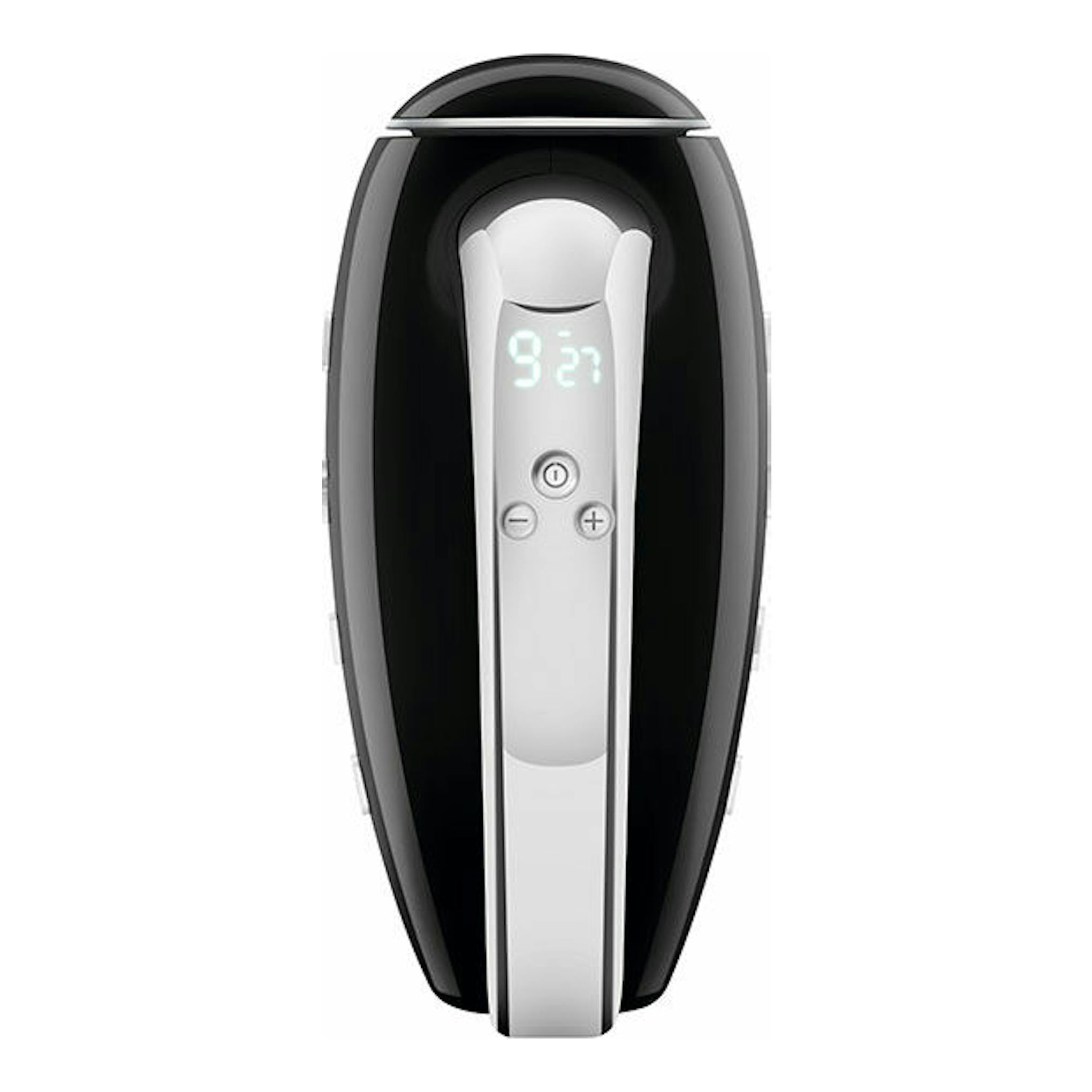 Amasadora Smeg HMF01BLEU negra y plateada, vista frontal con pantalla digital y botones.