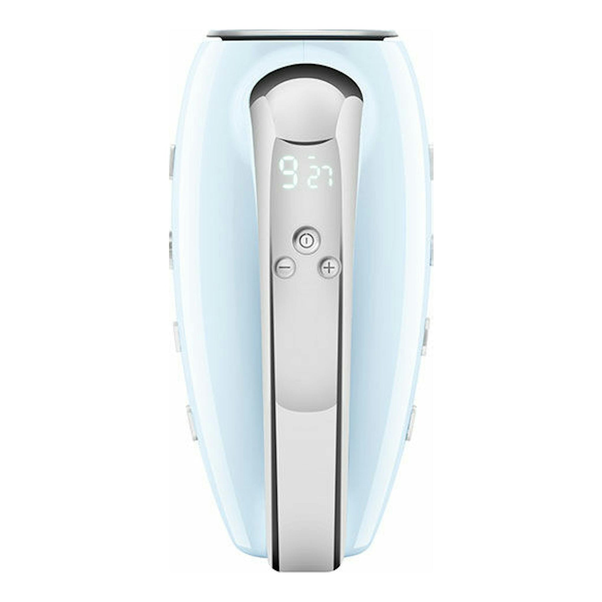 Batidora de mano Smeg HMF01PBEU azul claro, vista frontal, con pantalla digital y botones.